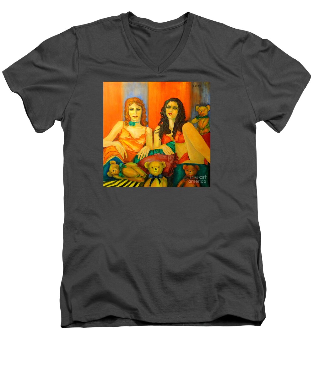 Humanpainting Men's V-Neck T-Shirt featuring the painting Toys by Dagmar Helbig