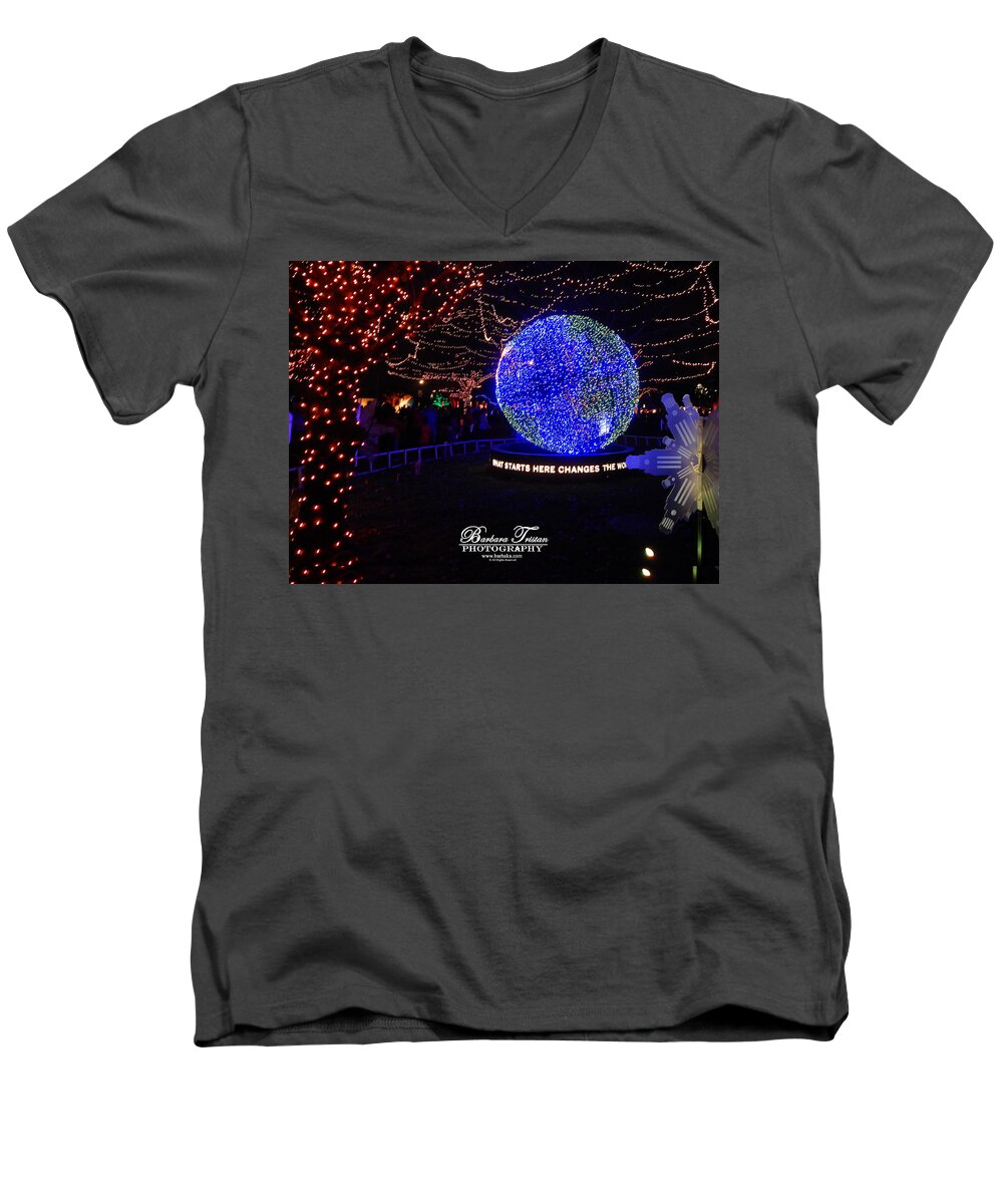 What Starts Here Changes The World Men's V-Neck T-Shirt featuring the photograph Trail of Lights World #7359 by Barbara Tristan