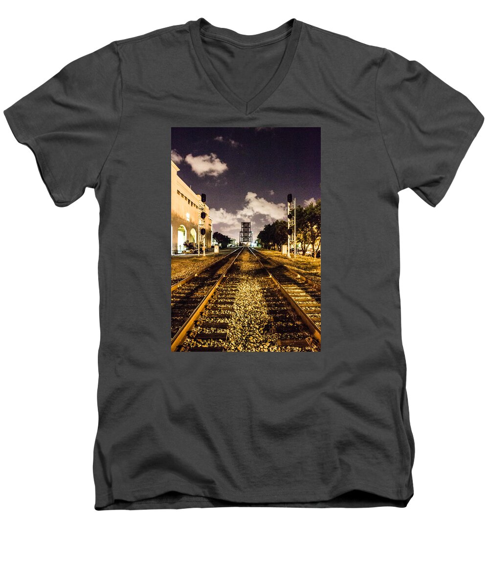 Train Men's V-Neck T-Shirt featuring the photograph Train Tracks by Mike Dunn
