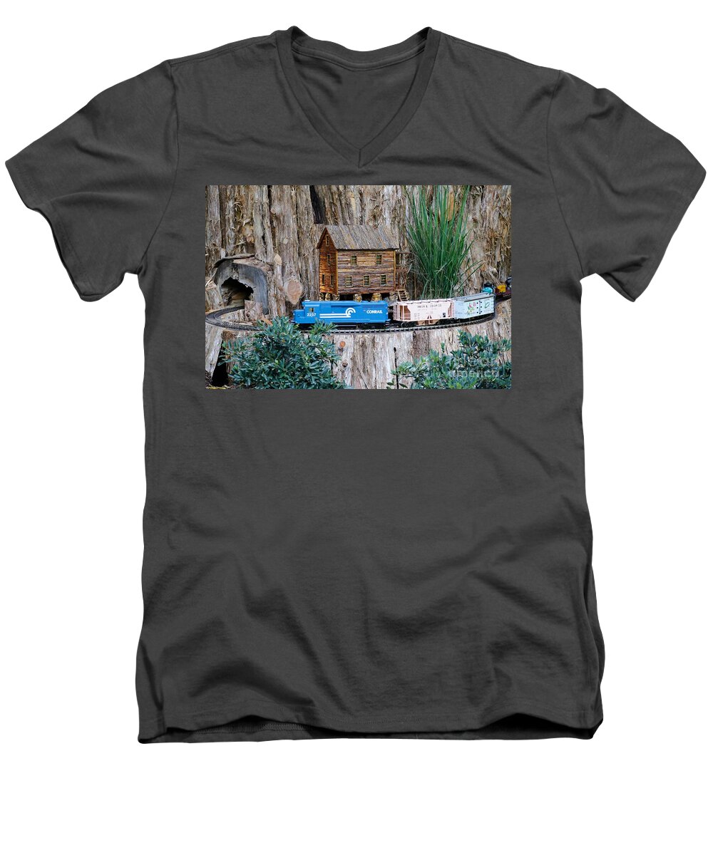 Train Men's V-Neck T-Shirt featuring the painting Train Train take me out of this town by Robert Pearson
