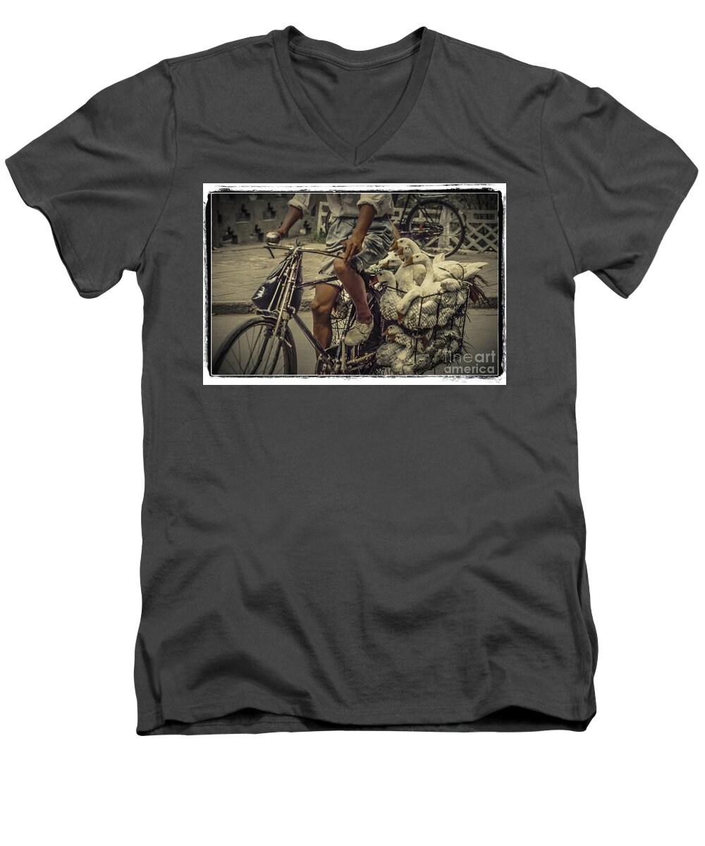 People Men's V-Neck T-Shirt featuring the photograph Transport by Bicycle in China by Heiko Koehrer-Wagner