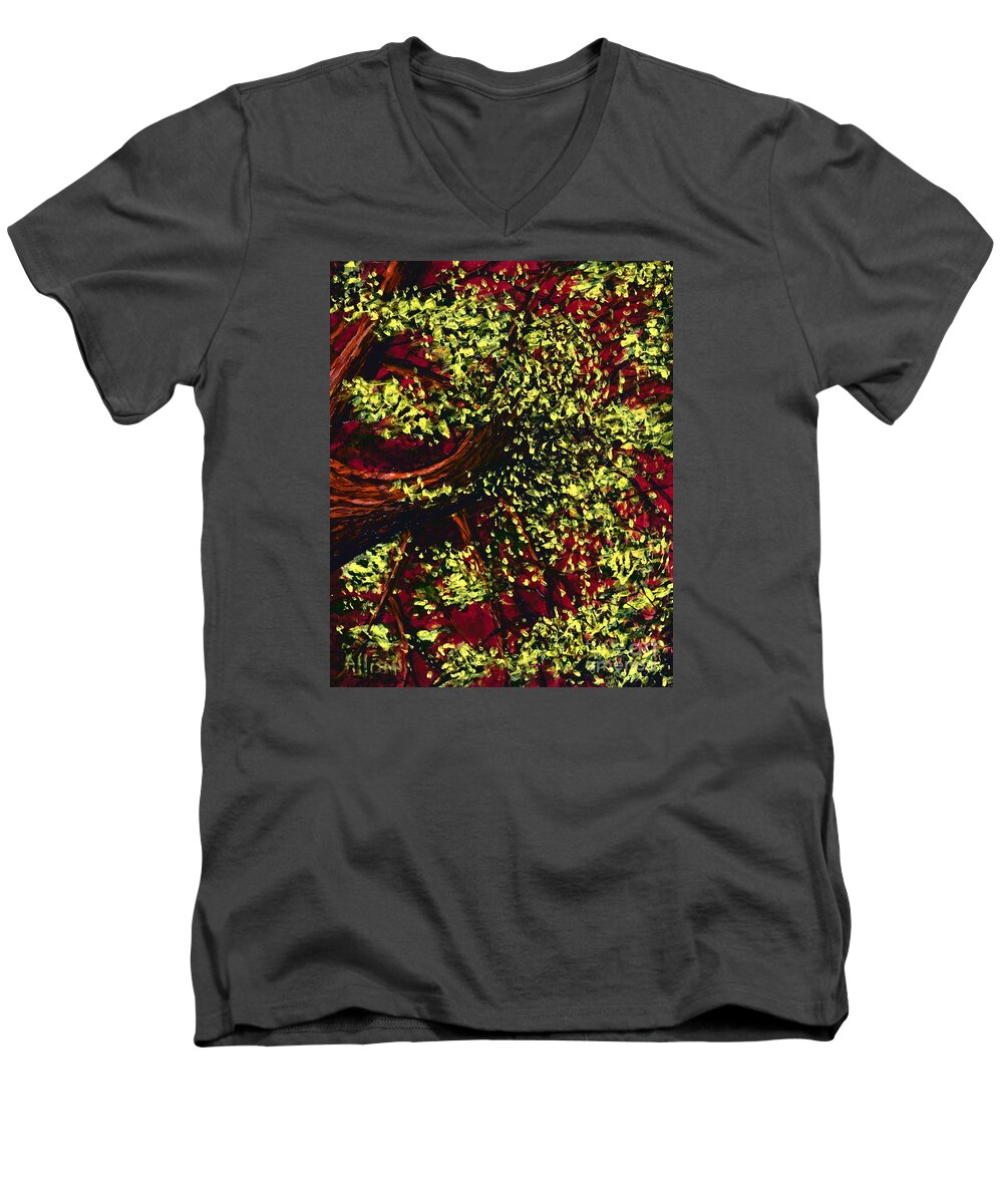 #trees #landscapes #red #green #forests #sunlight Men's V-Neck T-Shirt featuring the painting Tree with Red Sky by Allison Constantino
