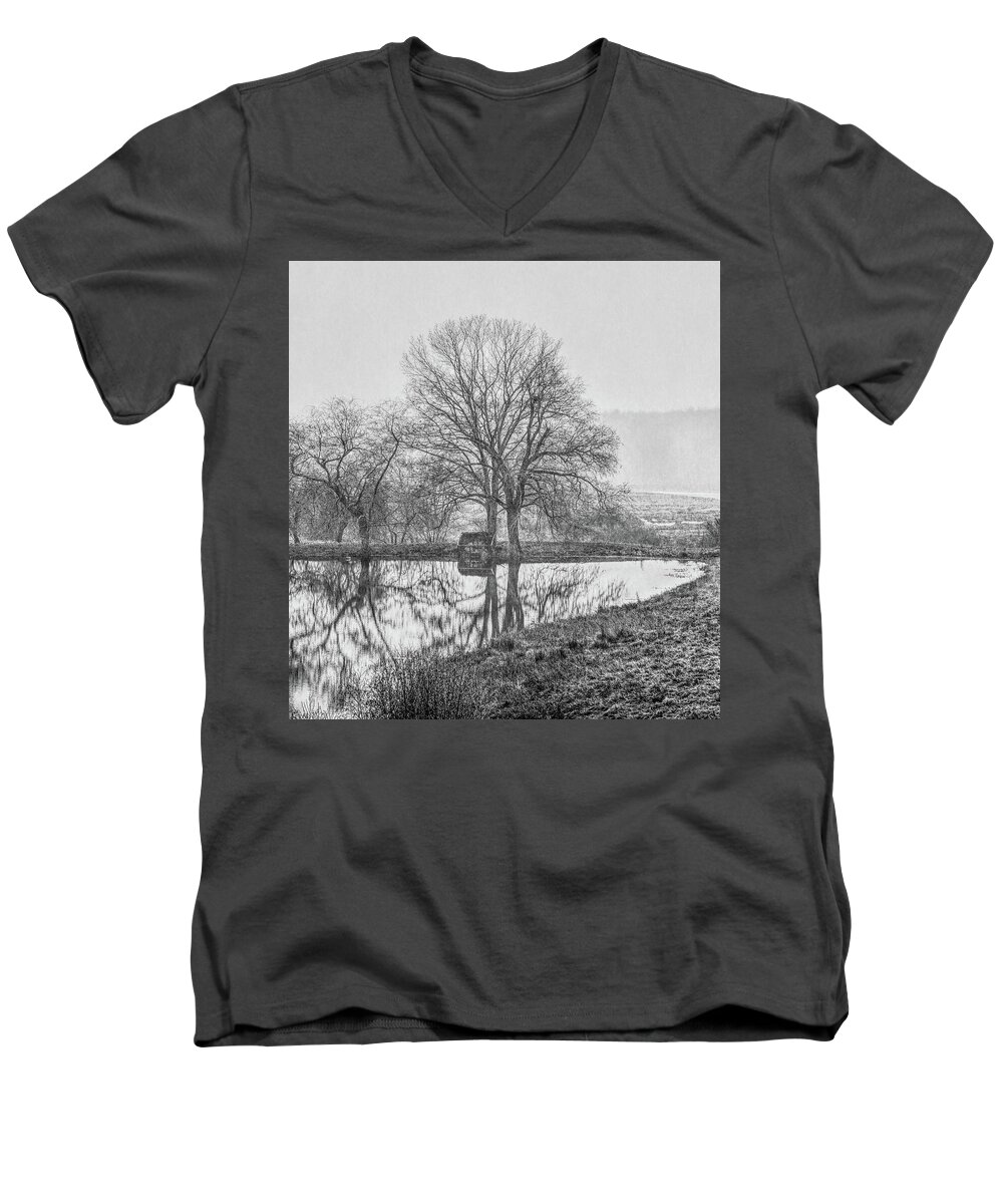Black And White Men's V-Neck T-Shirt featuring the photograph Trees in fog Kennebunk Maine by David Smith