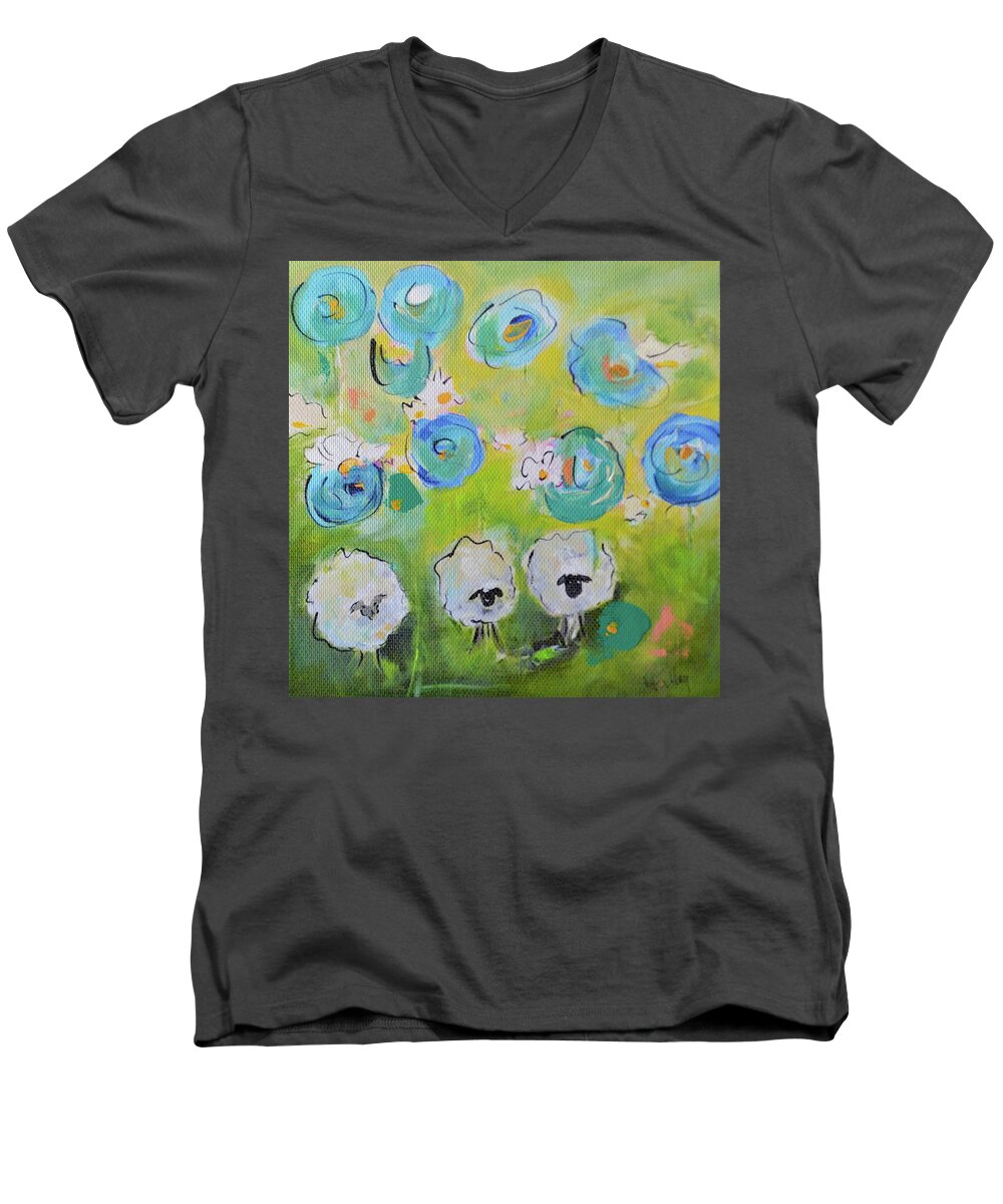 Blue Men's V-Neck T-Shirt featuring the painting Tres Sheep by Teresa Tilley
