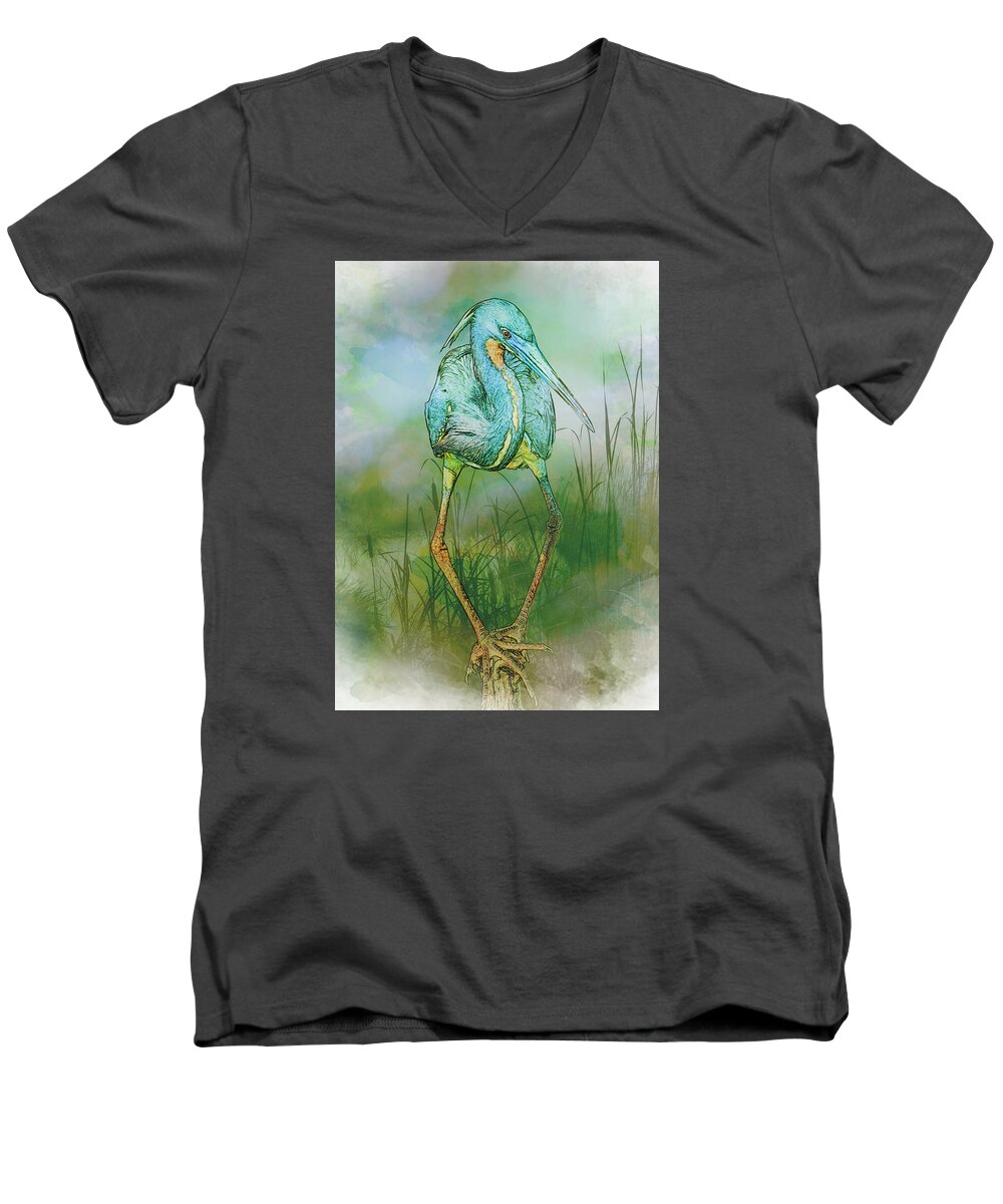 Bird Men's V-Neck T-Shirt featuring the photograph Tri-Colored Heron Balancing Act - Colorized by Patti Deters