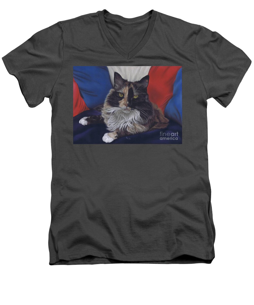 Cat Men's V-Neck T-Shirt featuring the pastel Tricolore by Karie-ann Cooper