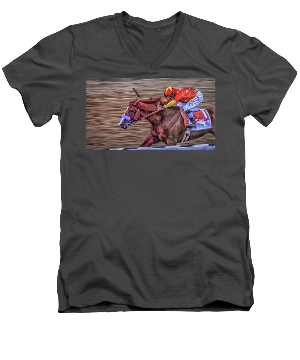 Justify Men's V-Neck T-Shirt featuring the digital art Triple Crown Winner Justify by Rick Mosher