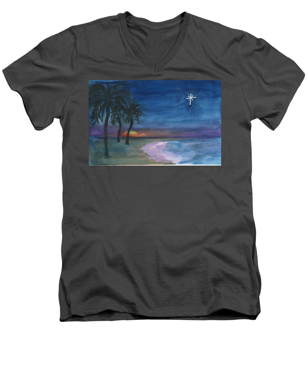 Palm Trees Men's V-Neck T-Shirt featuring the painting Tropical Christmas by Donna Walsh