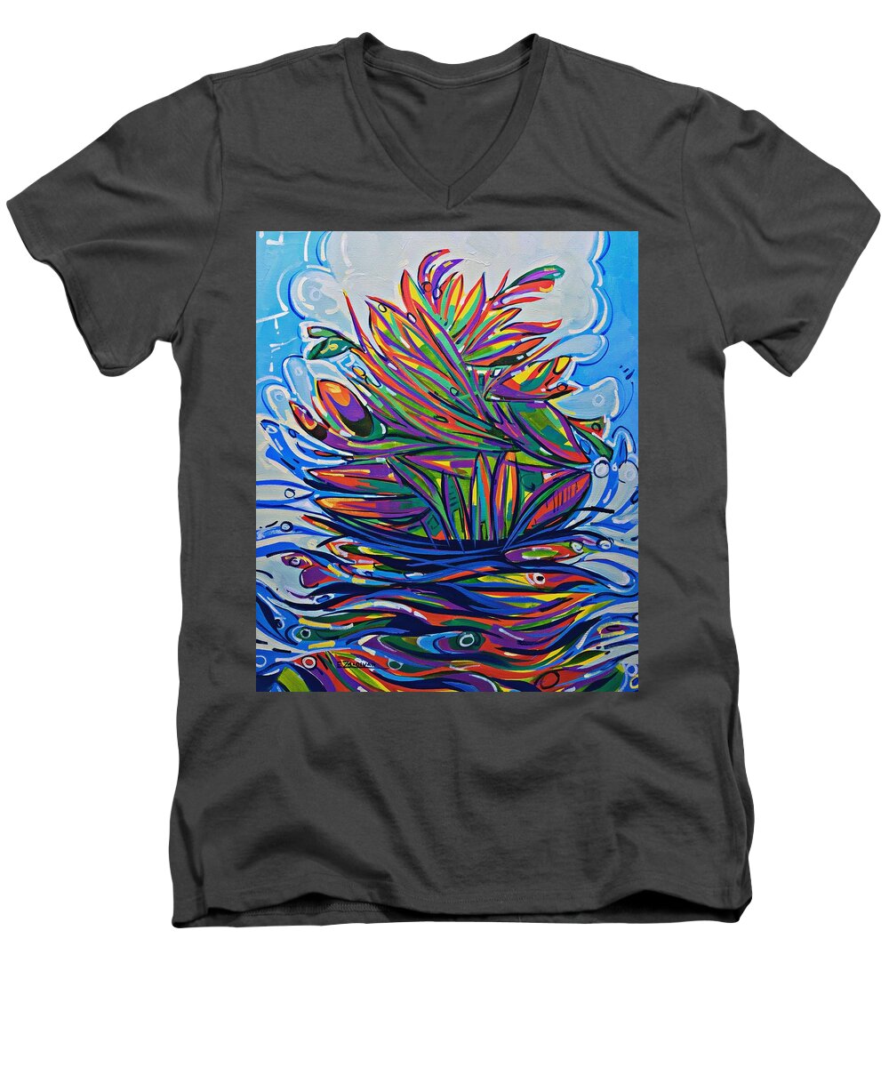 Acrylic Painting Men's V-Neck T-Shirt featuring the painting Tropical island by Enrique Zaldivar