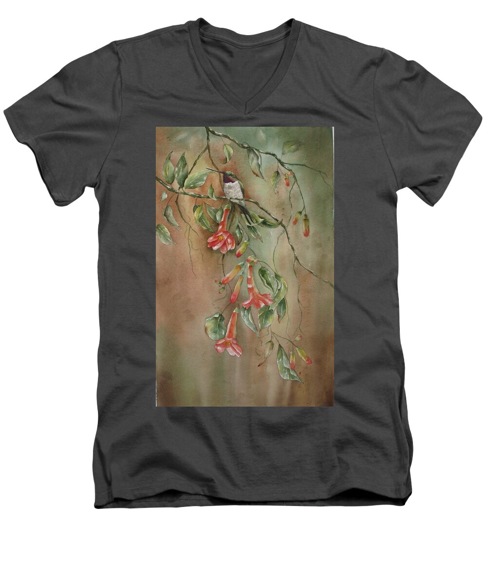 Hummingbird Men's V-Neck T-Shirt featuring the painting Trumpet Nectar by Mary McCullah