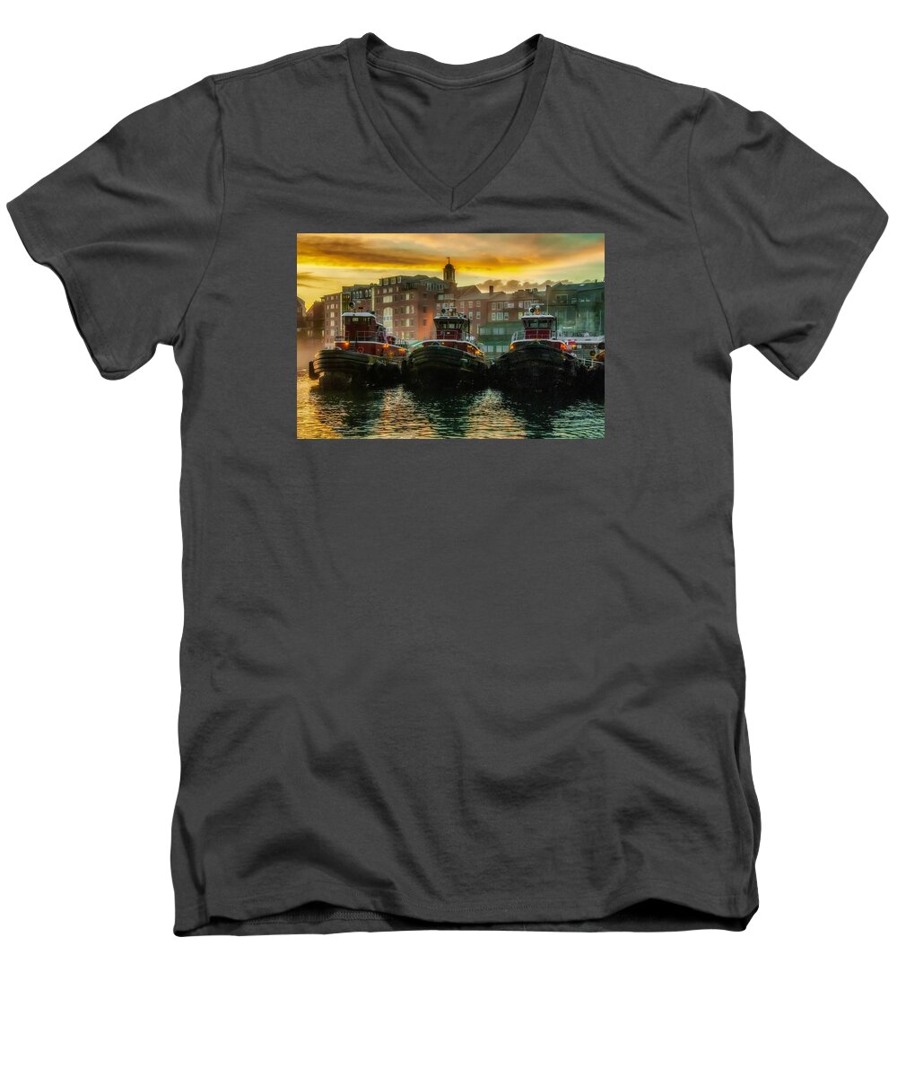 New England Men's V-Neck T-Shirt featuring the photograph Tugboats in Portsmouth Harbor at Dawn by Thomas Lavoie