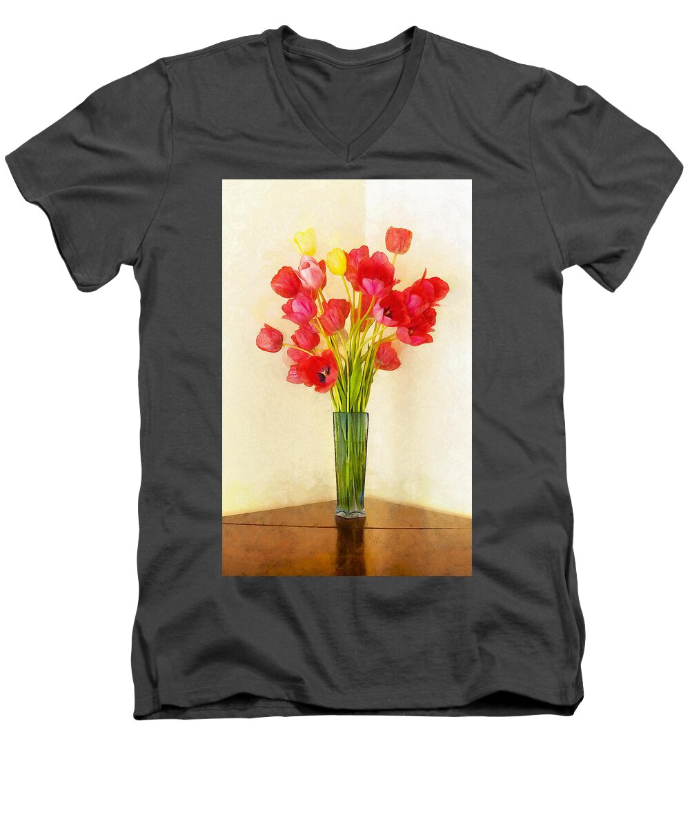 Tulips Men's V-Neck T-Shirt featuring the digital art Tulip Bouquet by JGracey Stinson