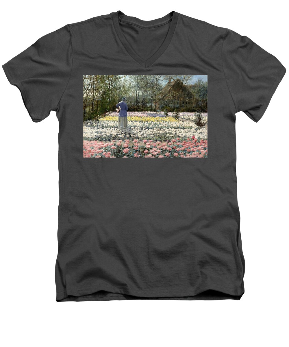 George Hitchcock Men's V-Neck T-Shirt featuring the painting Tulip Culture by George Hitchcock