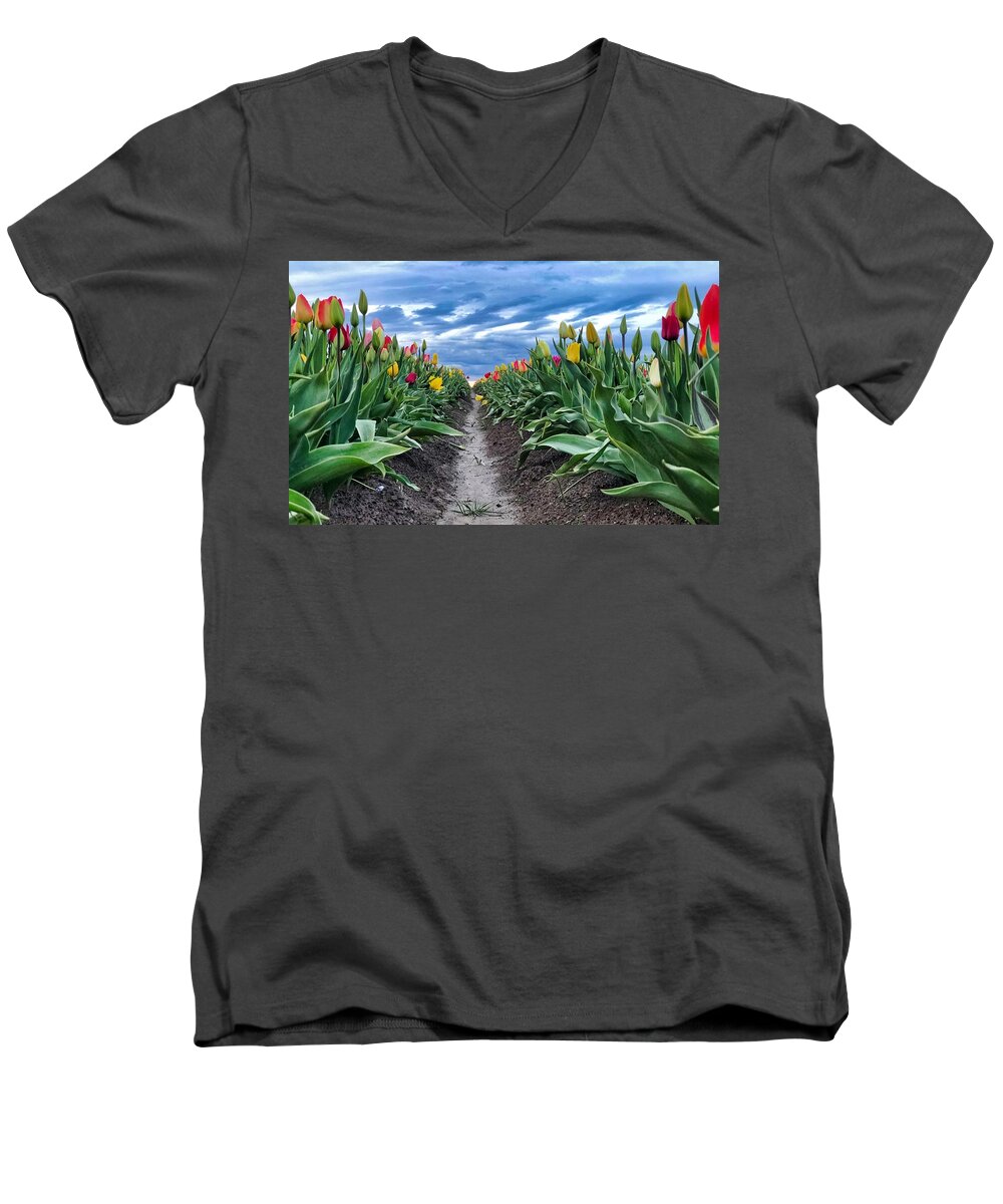 Tulip Men's V-Neck T-Shirt featuring the photograph Tulip Rows by Brian Eberly