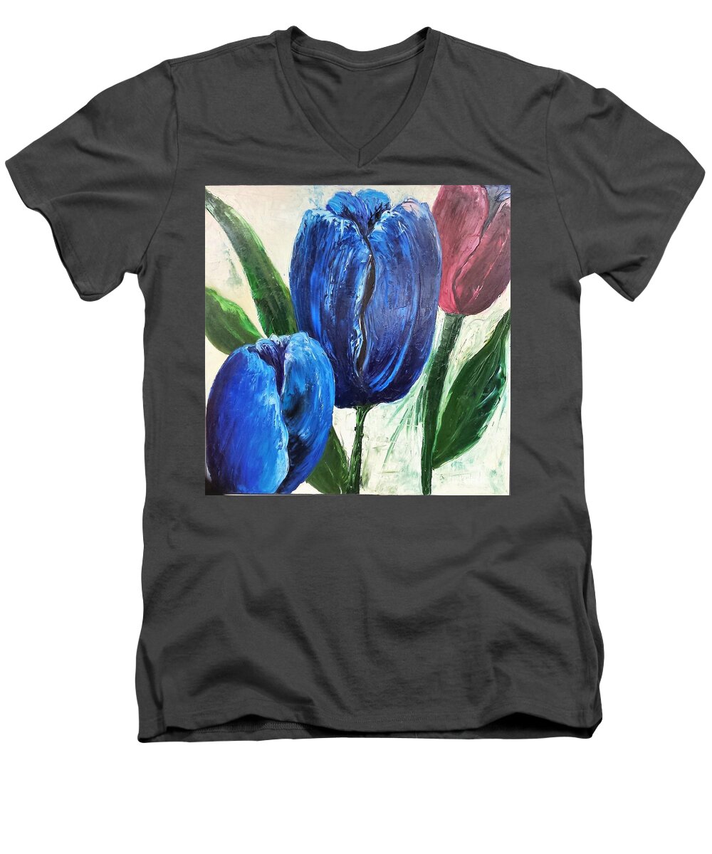36x36 Men's V-Neck T-Shirt featuring the painting Tulips large Oil flowers by Barbara Haviland