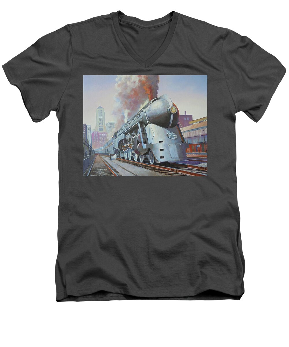 Nyc Men's V-Neck T-Shirt featuring the painting Twentieth Century Limited by Mike Jeffries