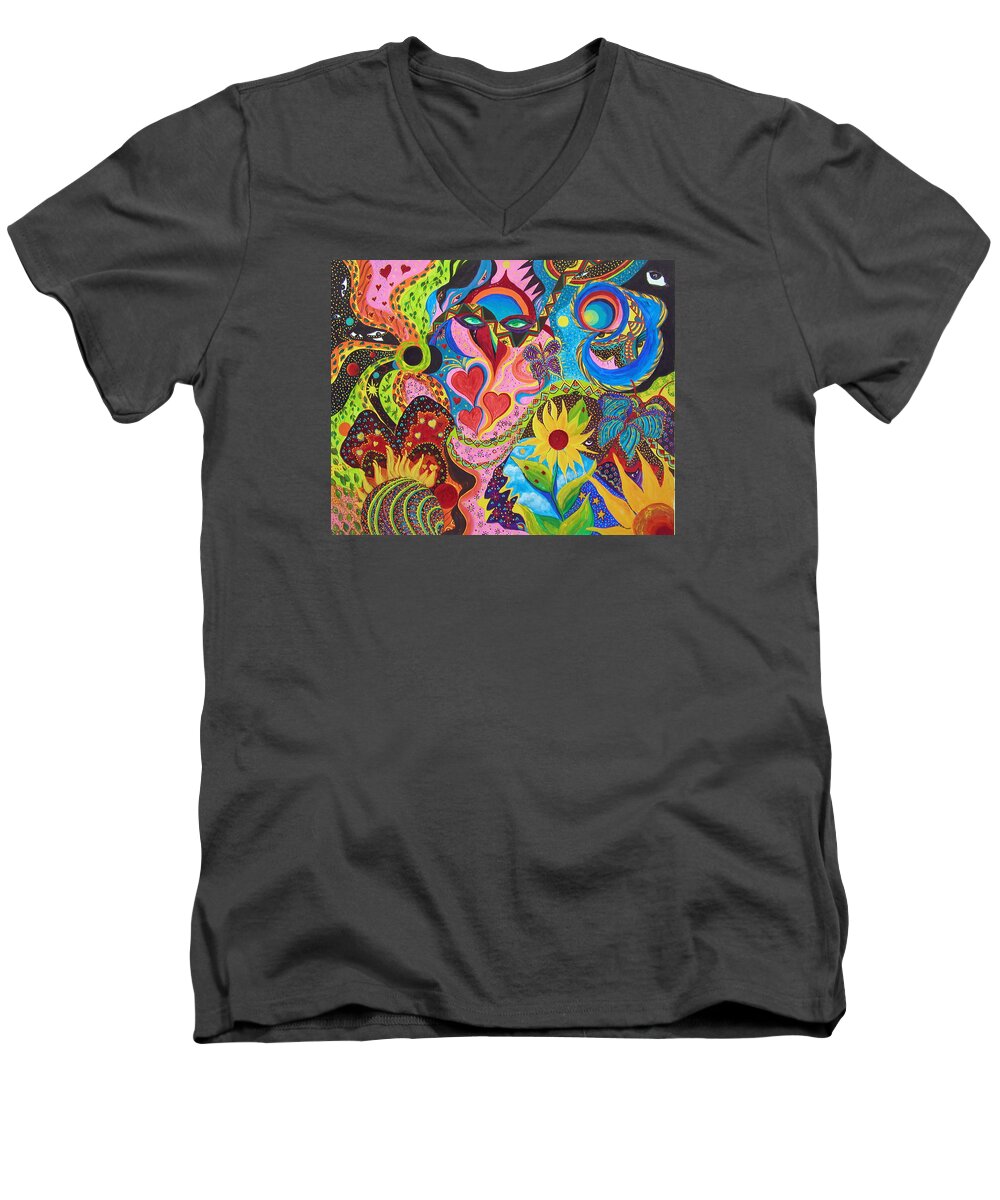 Abstract Men's V-Neck T-Shirt featuring the painting Hearts And Flowers by Marina Petro