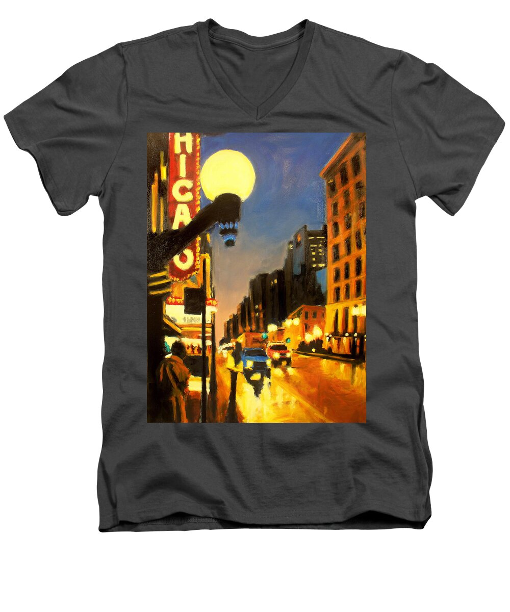 Rob Reeves Men's V-Neck T-Shirt featuring the painting Twilight in Chicago - The Watcher by Robert Reeves