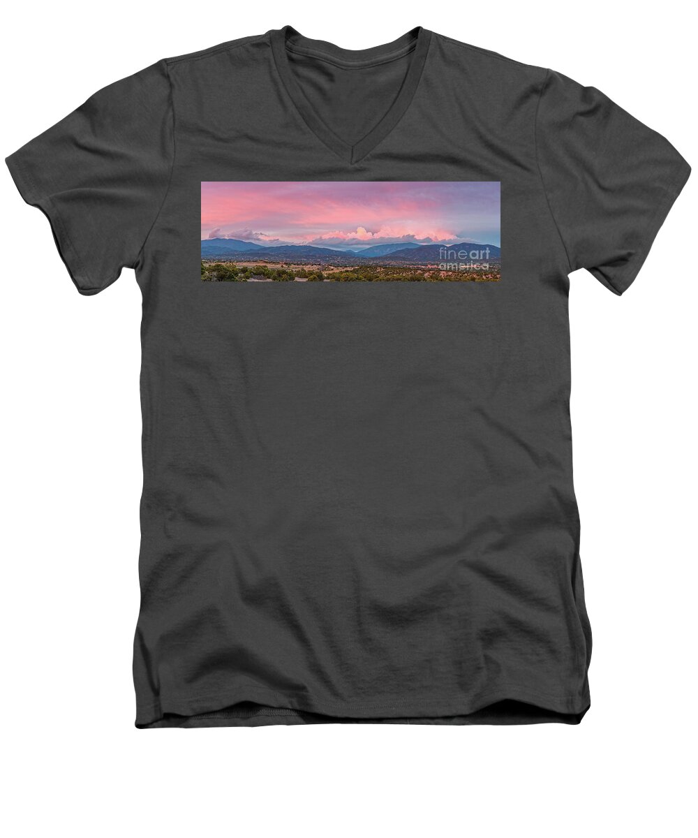 Santa Fe Men's V-Neck T-Shirt featuring the photograph Twilight Panorama of Sangre de Cristo Mountains and Santa Fe - New Mexico Land of Enchantment by Silvio Ligutti