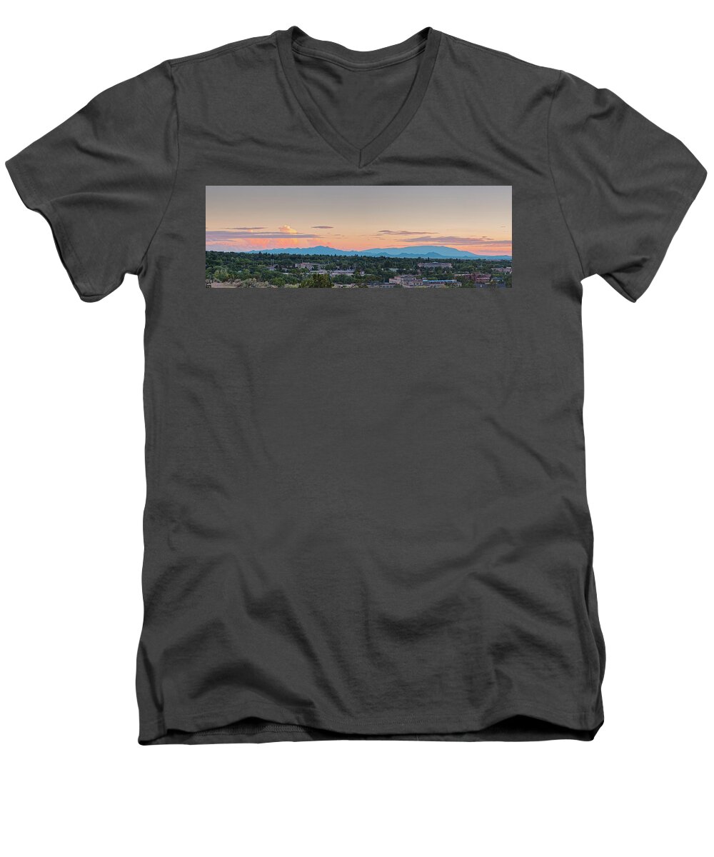 Santa Fe Men's V-Neck T-Shirt featuring the photograph Twilight Panorama of Santa Fe Cityscape with Sandia Mountains in the Background - New Mexico by Silvio Ligutti
