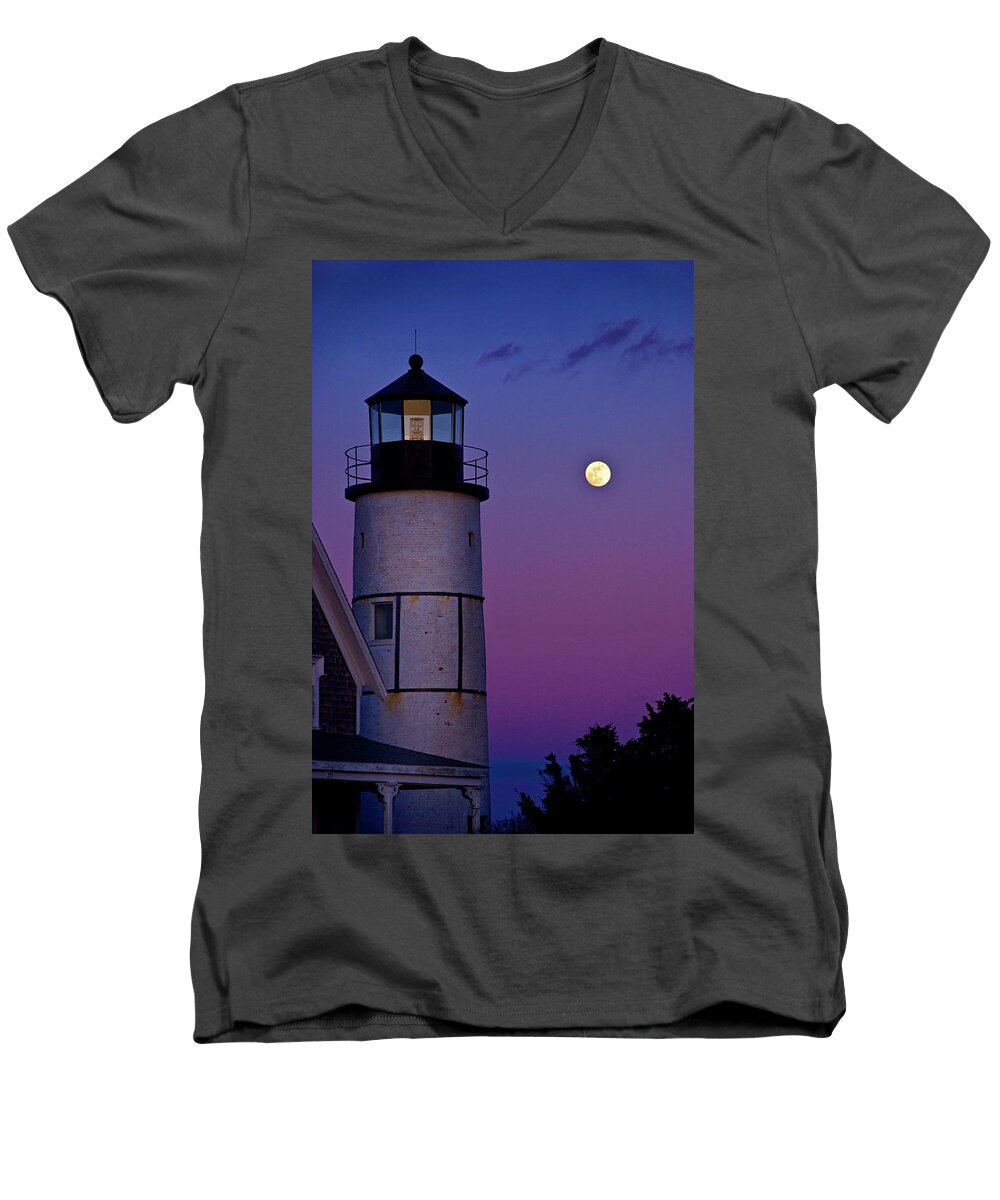 Twilight Men's V-Neck T-Shirt featuring the photograph Twilight at Sandy Neck Lighthouse by Charles Harden