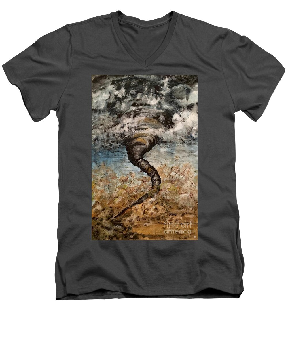  Tornado Men's V-Neck T-Shirt featuring the painting Twister on the Colorado Plains by Mastiff Studios