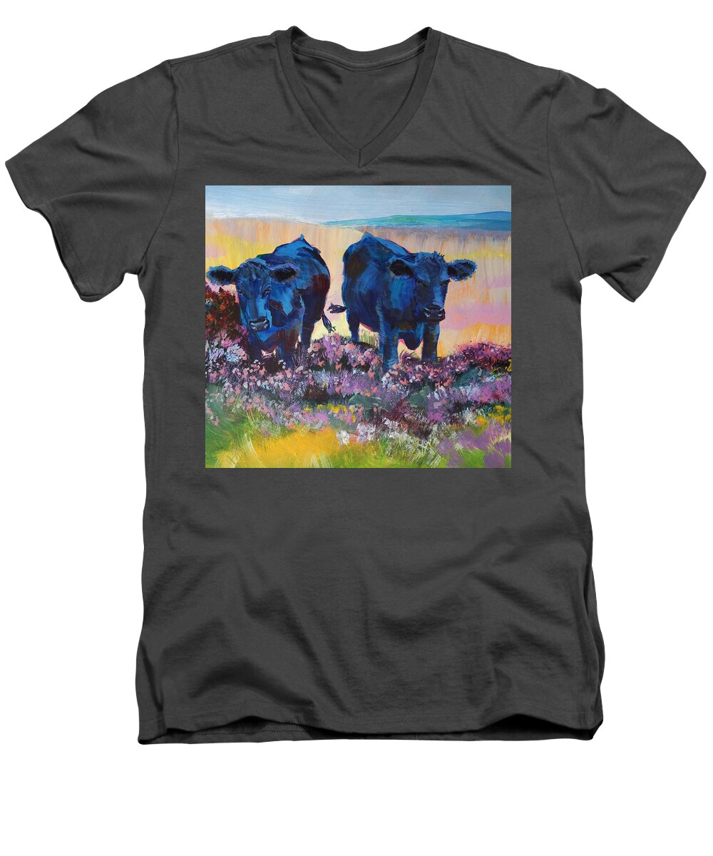 Black Cows On Dartmoor Men's V-Neck T-Shirt featuring the painting Two Black Cows On Dartmoor by Mike Jory