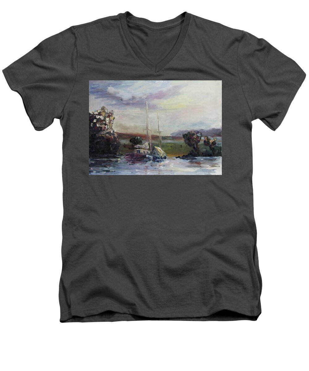Boat Men's V-Neck T-Shirt featuring the painting Two Tired Adventurers by Barbara Pommerenke