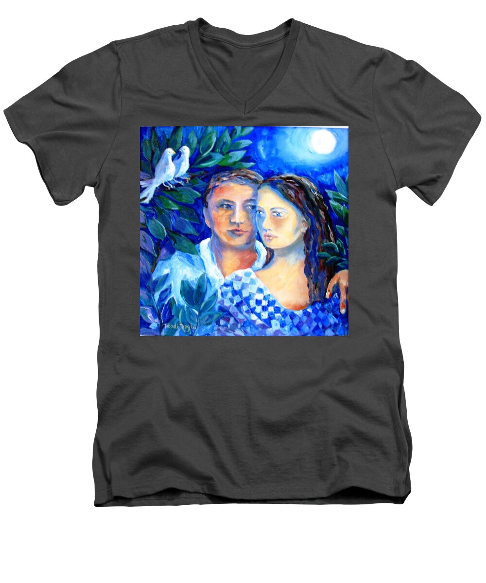 Lovers Men's V-Neck T-Shirt featuring the painting Two Turtle Doves by Trudi Doyle