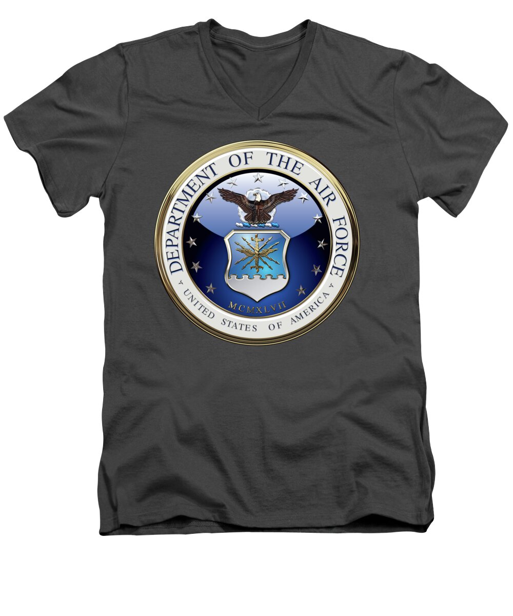 'military Insignia 3d' By Serge Averbukh Men's V-Neck T-Shirt featuring the digital art U. S. Air Force - U S A F Emblem over Red Velvet by Serge Averbukh