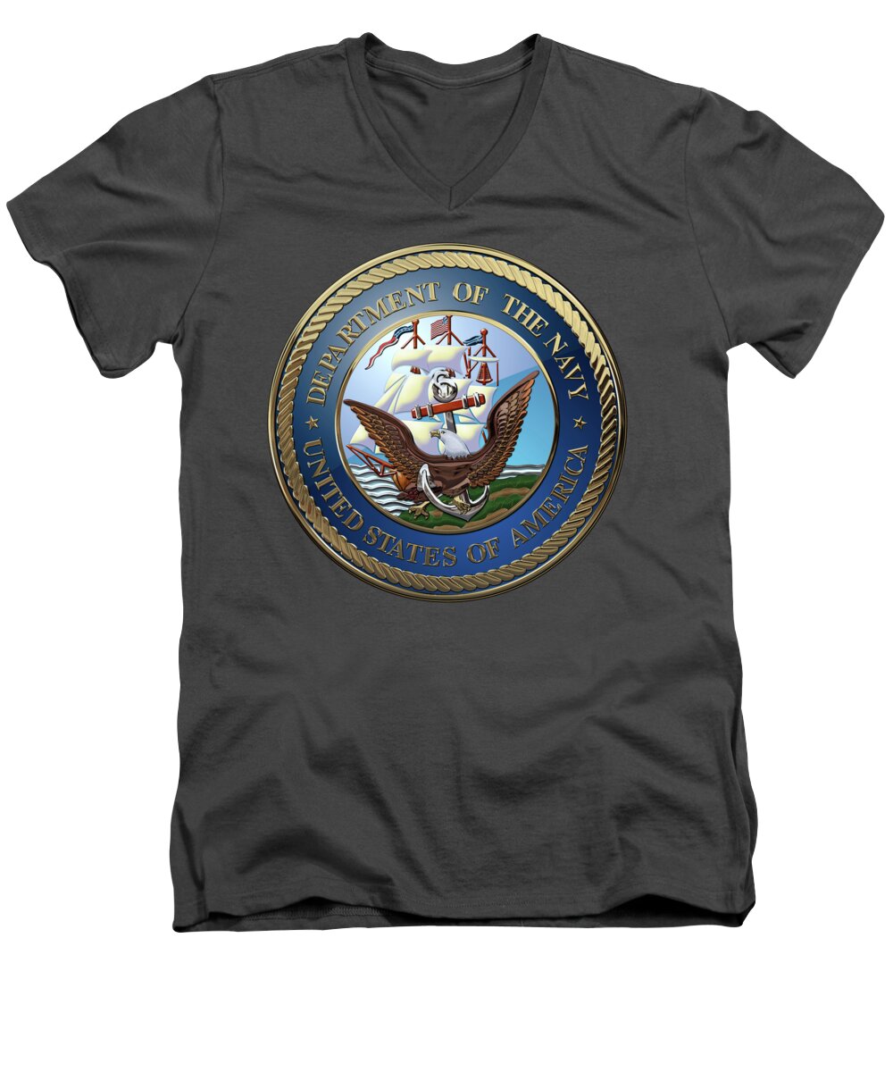 'military Insignia & Heraldry 3d' Collection By Serge Averbukh Men's V-Neck T-Shirt featuring the digital art U. S. Navy - U S N Emblem over Red Velvet by Serge Averbukh