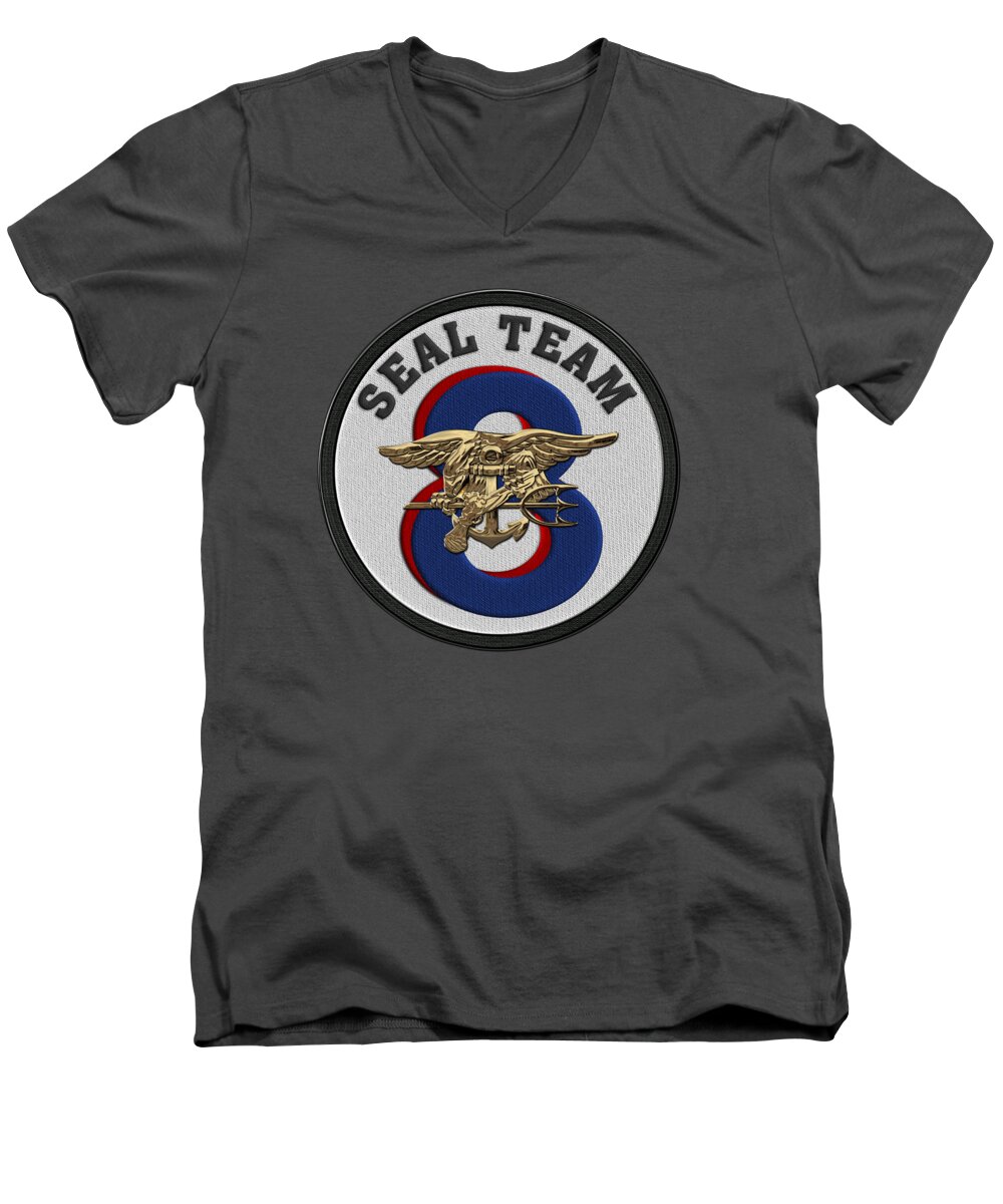 'military Insignia & Heraldry - Nswc' Collection By Serge Averbukh Men's V-Neck T-Shirt featuring the digital art U. S. Navy S E A Ls - S E A L Team Eight - S T 8 Patch over Red Velvet by Serge Averbukh