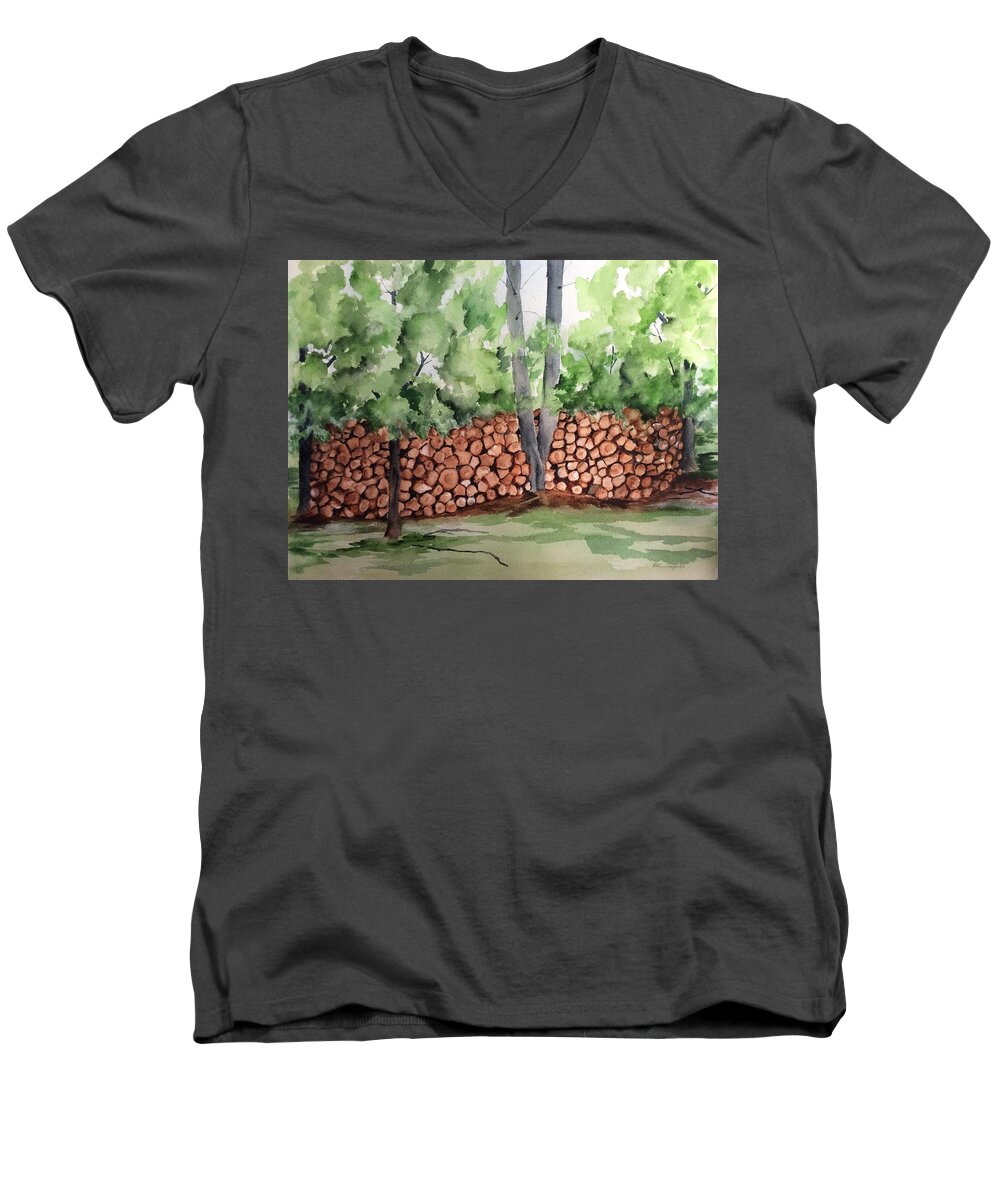 Logs Men's V-Neck T-Shirt featuring the painting Under hill Rd. Woodpile by Ellen Canfield