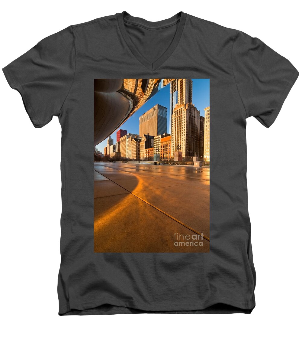 Chicago Men's V-Neck T-Shirt featuring the photograph Under the bean and Chicago skyline at sunrise by Sven Brogren