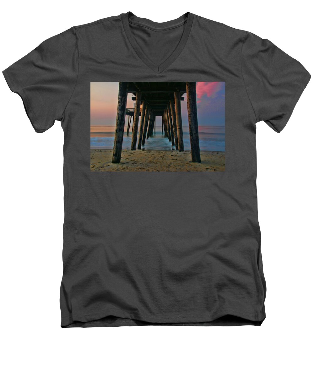 Sunrise Men's V-Neck T-Shirt featuring the photograph Under The Pier by Allen Beatty
