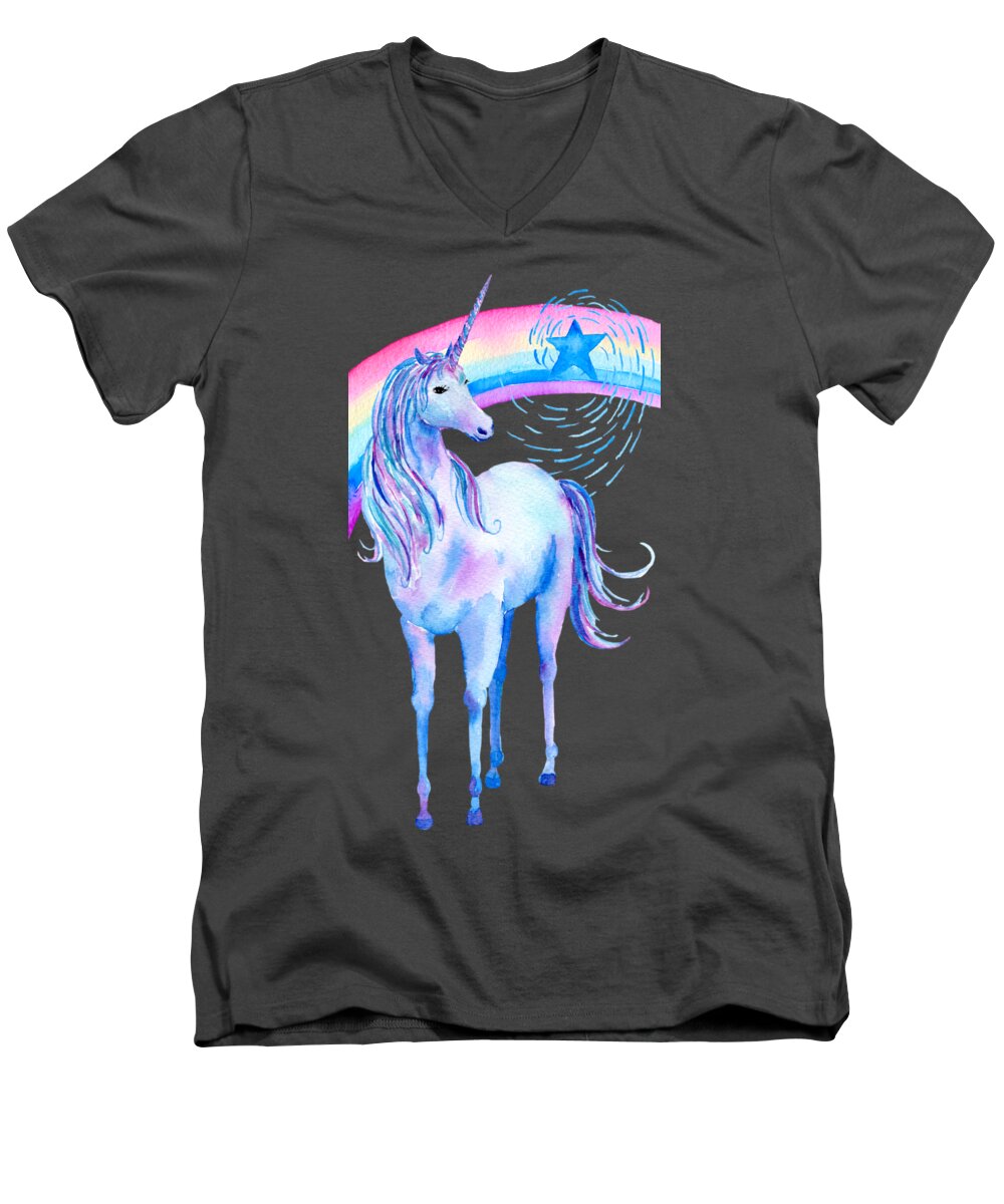 Unicorn Men's V-Neck T-Shirt featuring the jewelry Unicorn and Rainbow by Ericamaxine Price