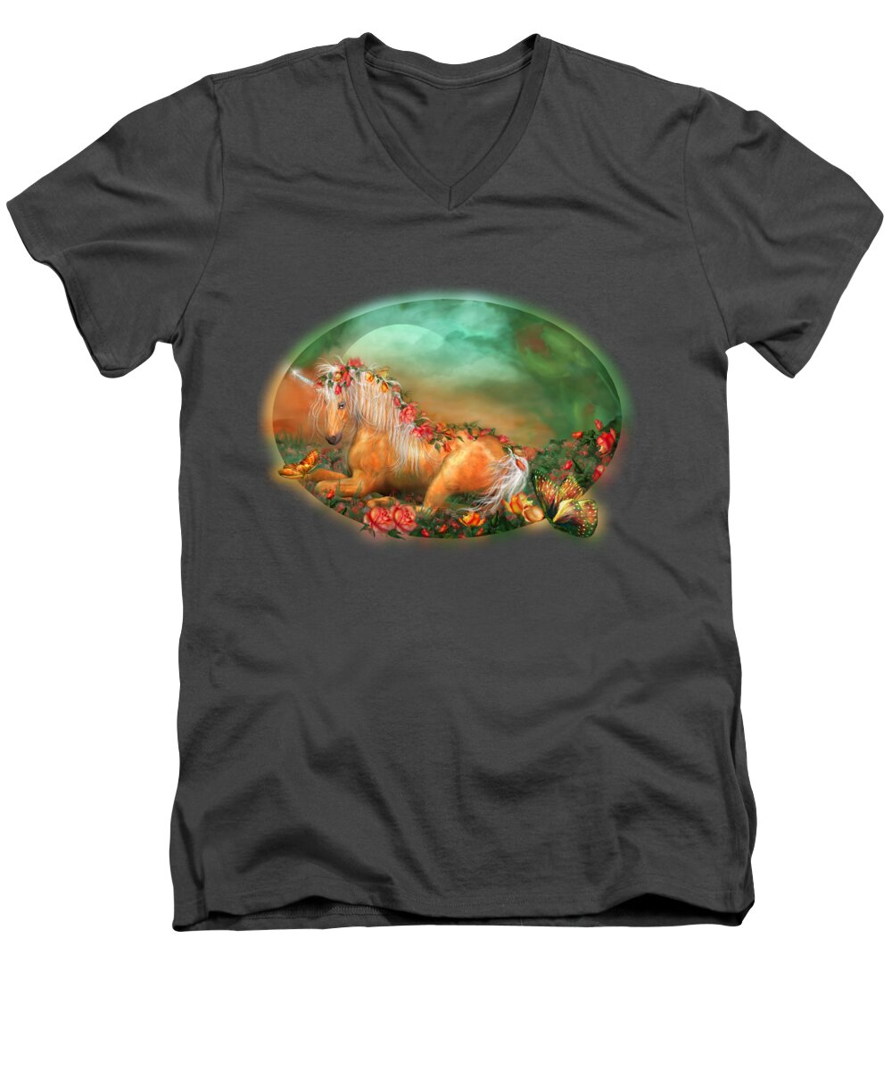 Unicorn Men's V-Neck T-Shirt featuring the mixed media Unicorn Of The Roses by Carol Cavalaris