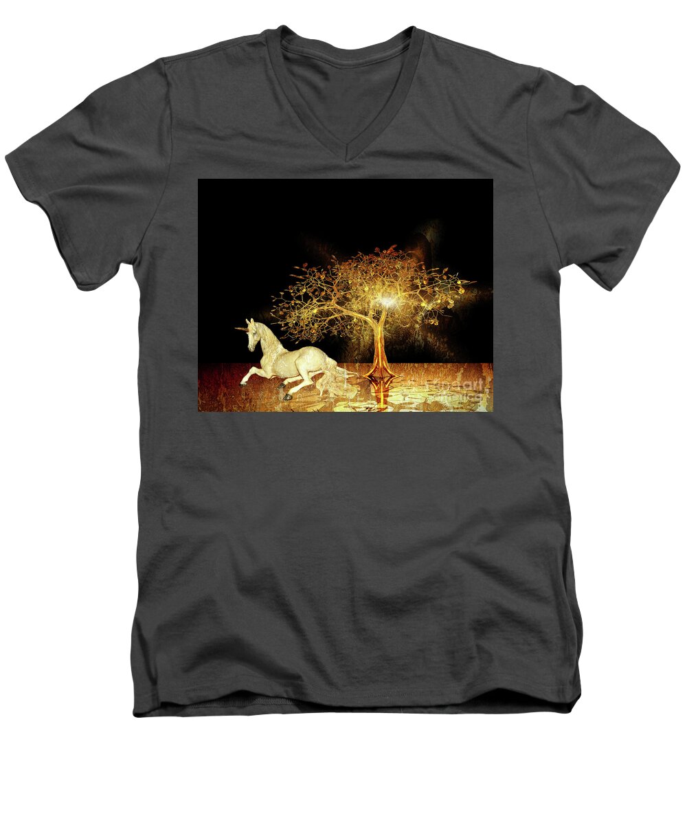 Unicorn Men's V-Neck T-Shirt featuring the digital art Unicorn Resting Series 1 by Digital Art Cafe