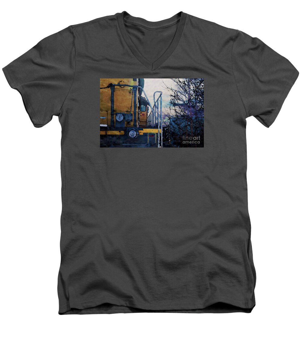 Union Pacific Men's V-Neck T-Shirt featuring the digital art Union Pacific 1474 by David Blank
