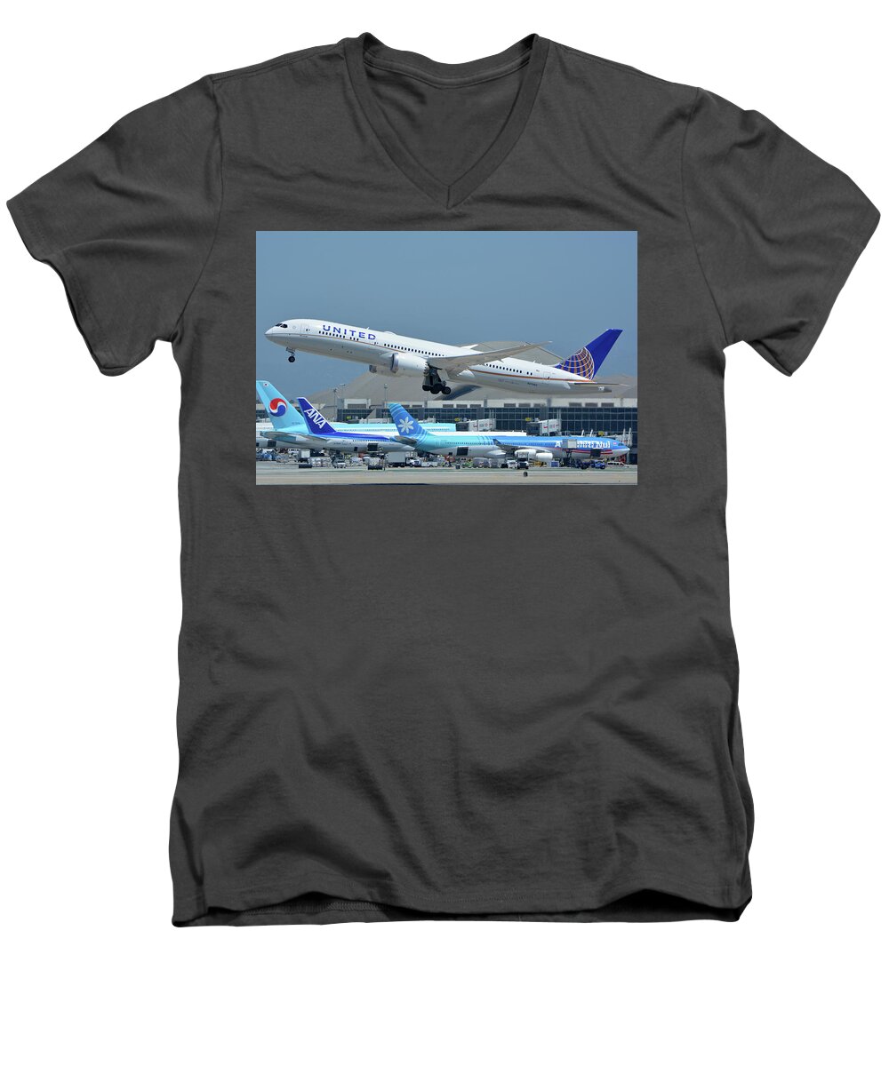 Airplane Men's V-Neck T-Shirt featuring the photograph United Boeing 787-9 N27965 Los Angeles International Airport May 3 2016 by Brian Lockett