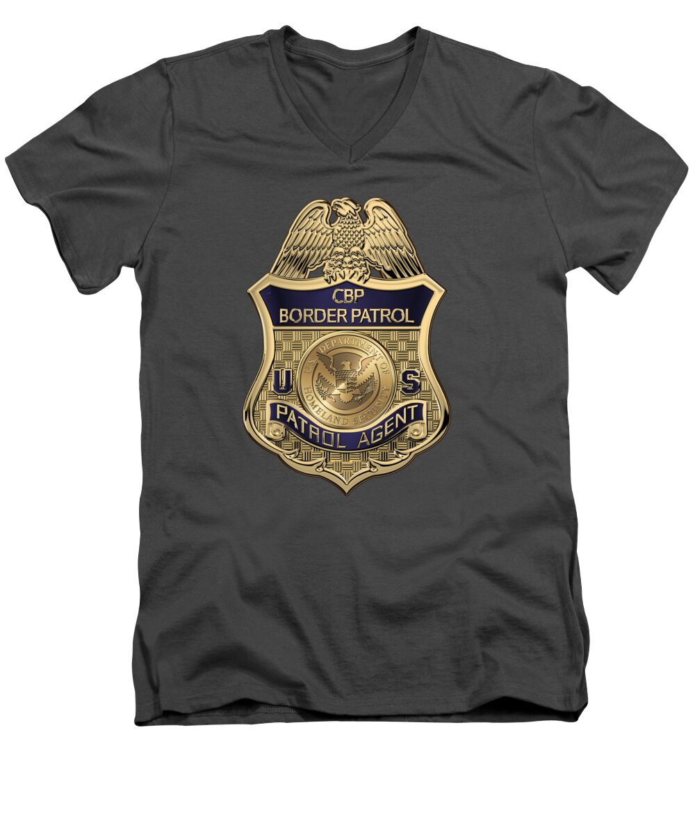 'law Enforcement Insignia & Heraldry' Collection By Serge Averbukh Men's V-Neck T-Shirt featuring the digital art United States Border Patrol - U S B P Patrol Agent Badge over Blue Velvet by Serge Averbukh