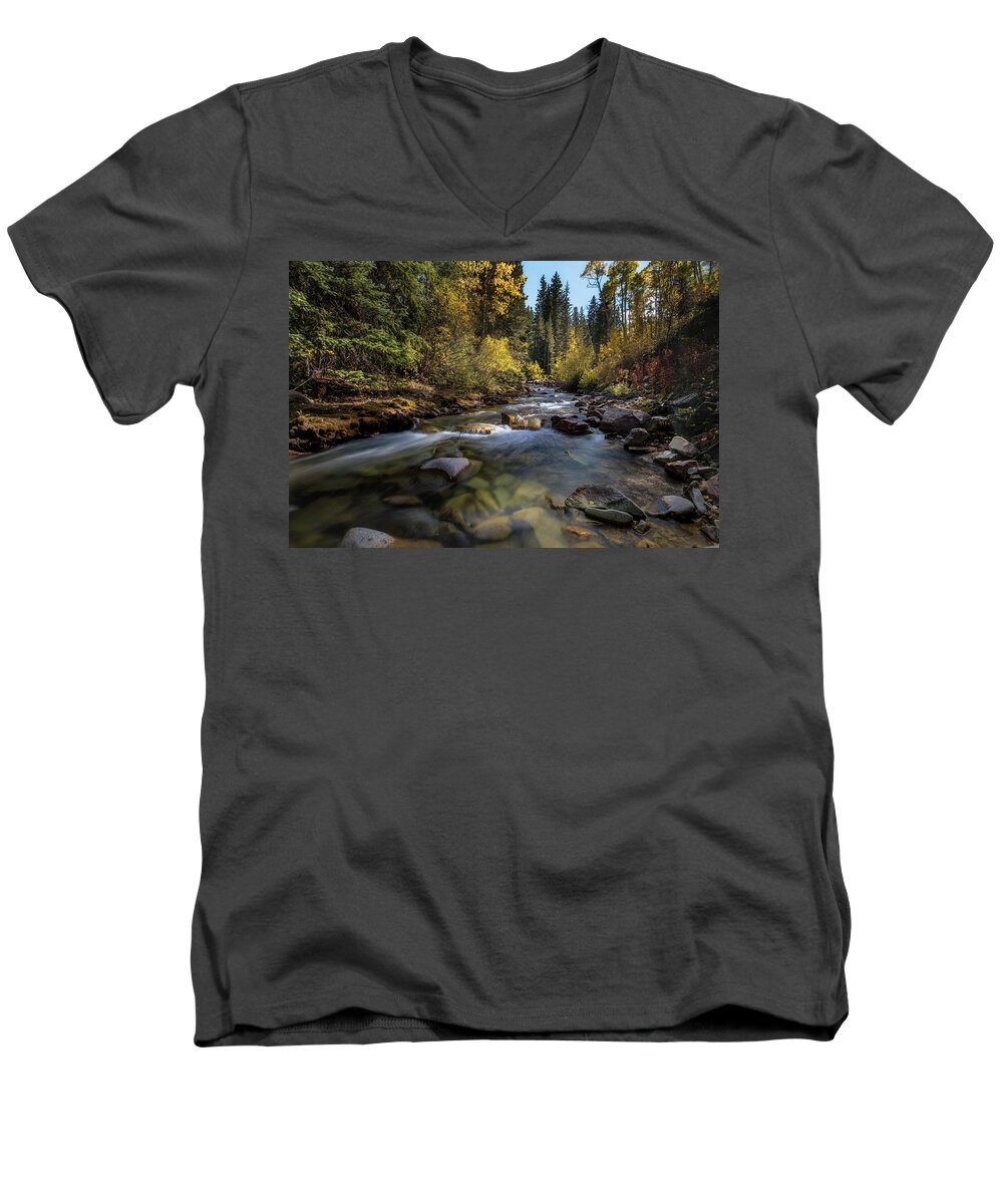 Fall Colors Men's V-Neck T-Shirt featuring the photograph Up a Colorado Creek by Michael Ash