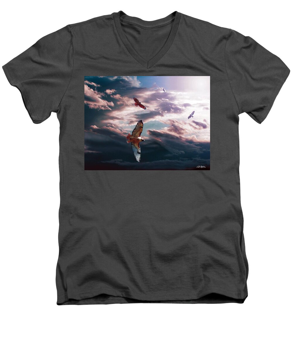 Hawks Men's V-Neck T-Shirt featuring the digital art Up Up and Away by Bill Stephens