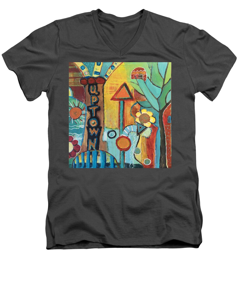 Backgrounds Men's V-Neck T-Shirt featuring the painting Uptown Dream World by Susan Stone