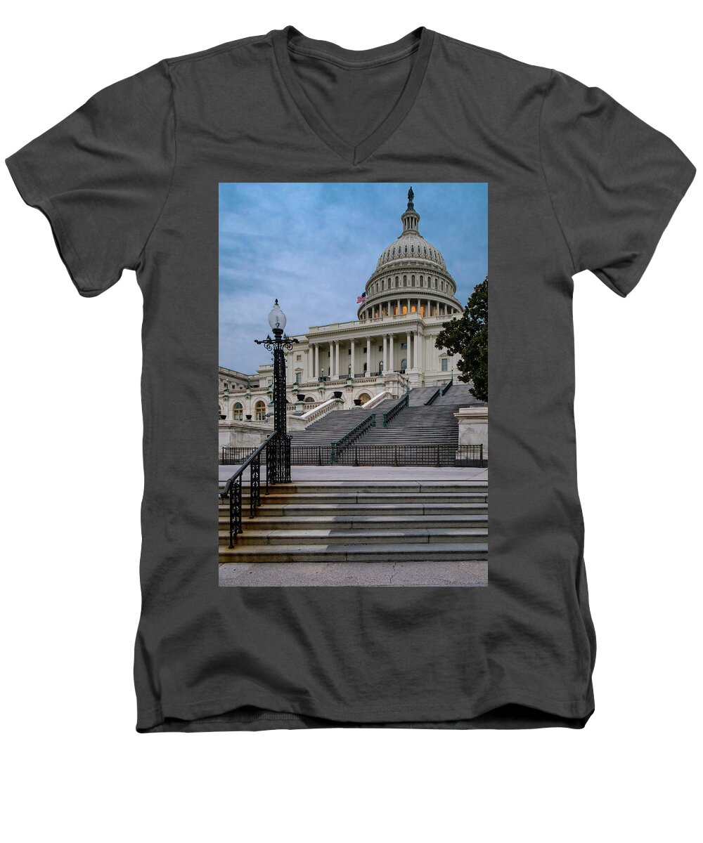 Us Capitol Building Men's V-Neck T-Shirt featuring the photograph US Capitol Building Twilight by Susan Candelario