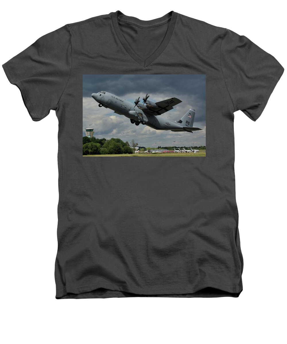 Usaf Men's V-Neck T-Shirt featuring the photograph USAF Lockheed-Martin C-130J-30 Hercules by Tim Beach