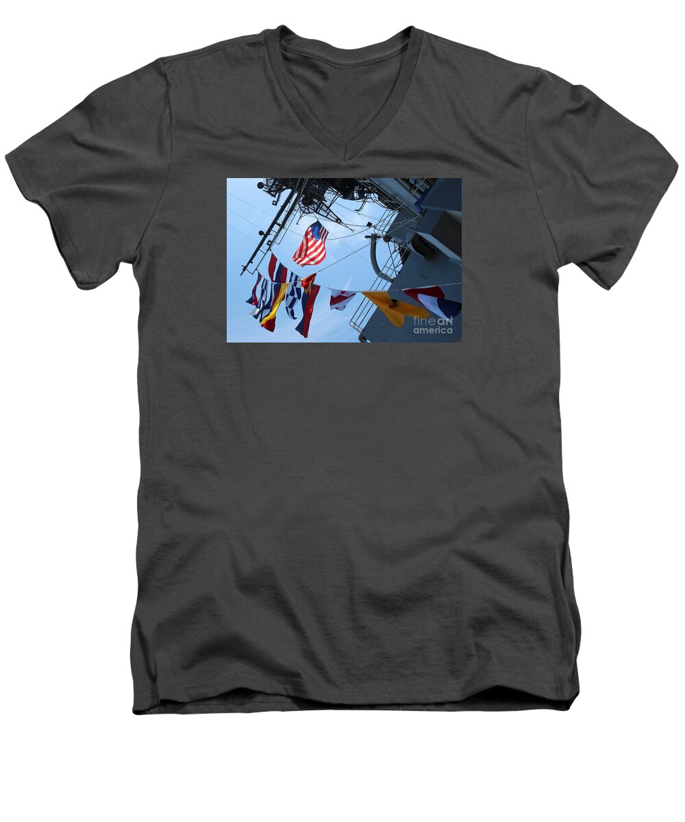 Uss Midway Ship Men's V-Neck T-Shirt featuring the photograph USS Midway Flag by Cheryl Del Toro