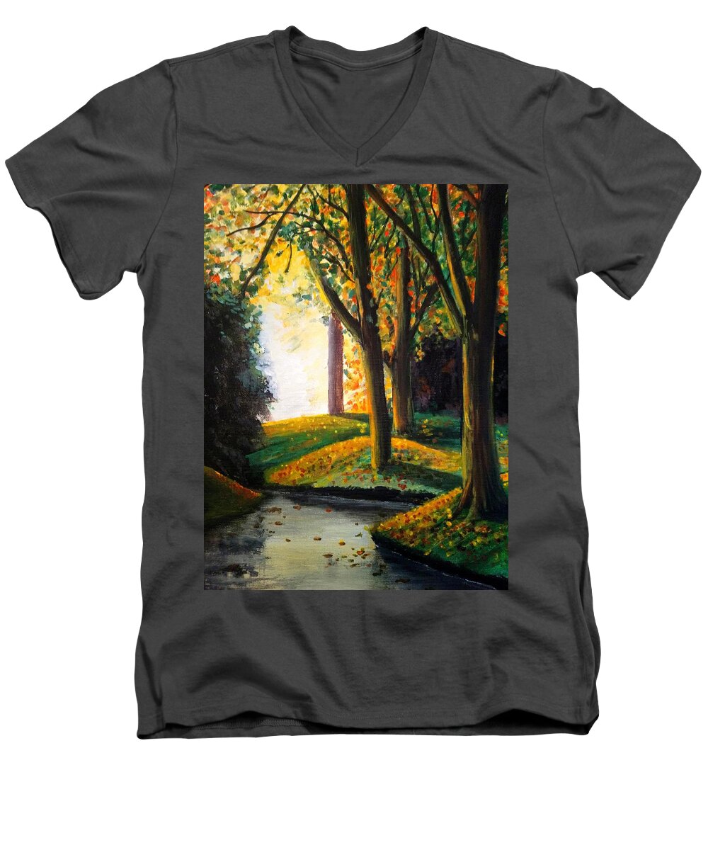 Landscape Men's V-Neck T-Shirt featuring the painting Vale park by Sophia Gaki Artworks