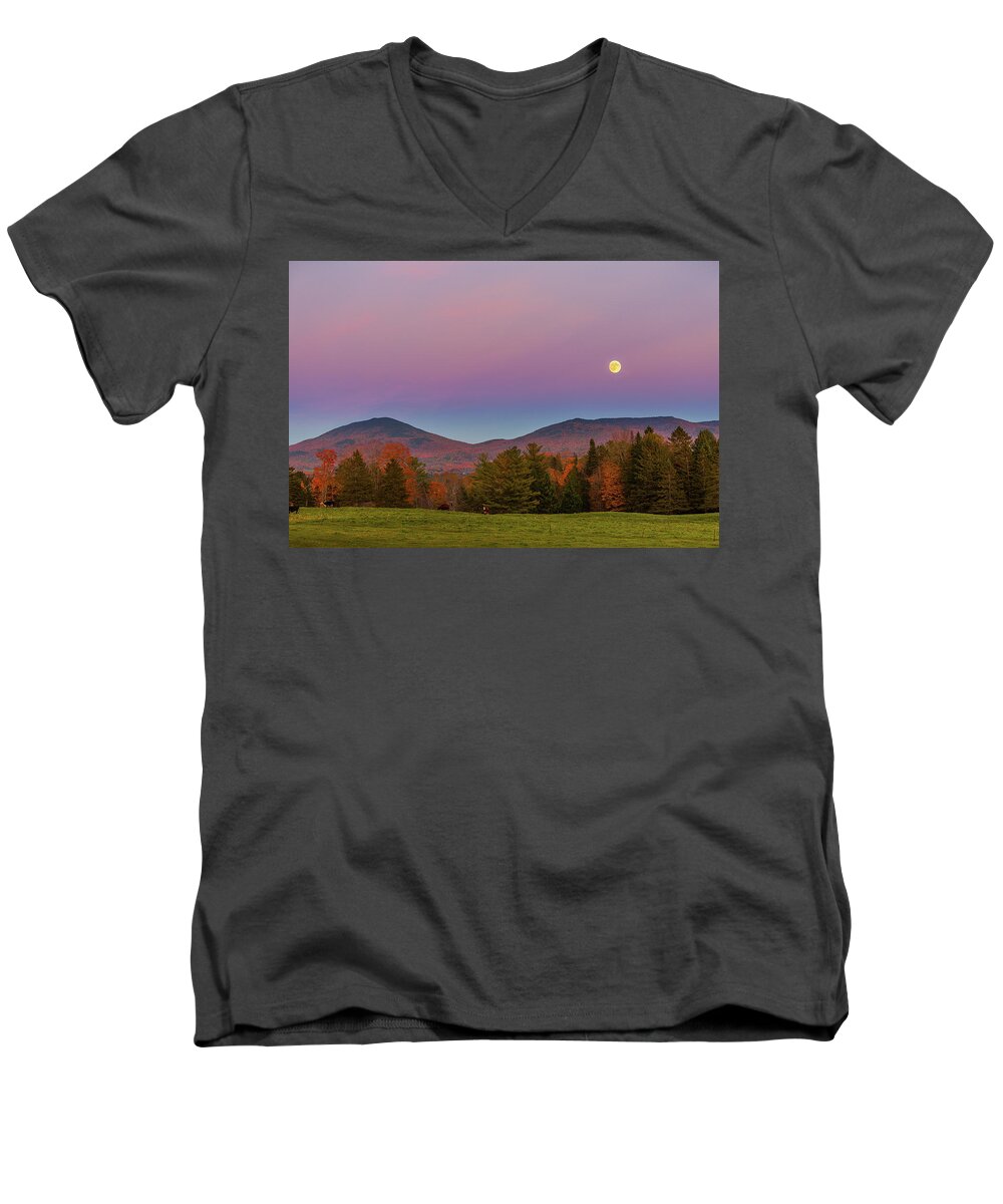Vermont Men's V-Neck T-Shirt featuring the photograph Vermont Fall, Full Moon and Belt of Venus by Tim Kirchoff