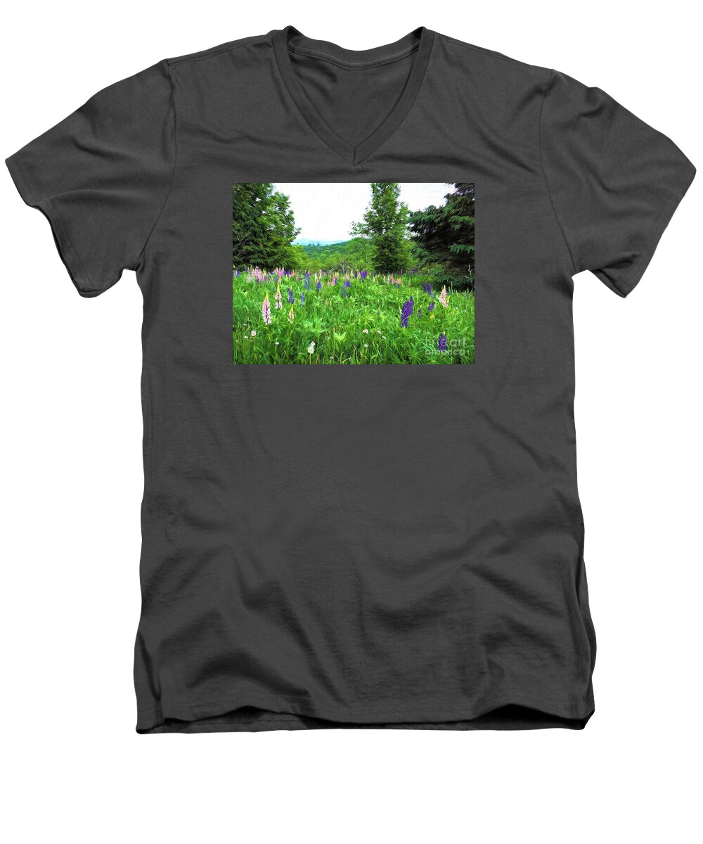 Vermont Men's V-Neck T-Shirt featuring the painting Vermont Lupine by Mim White